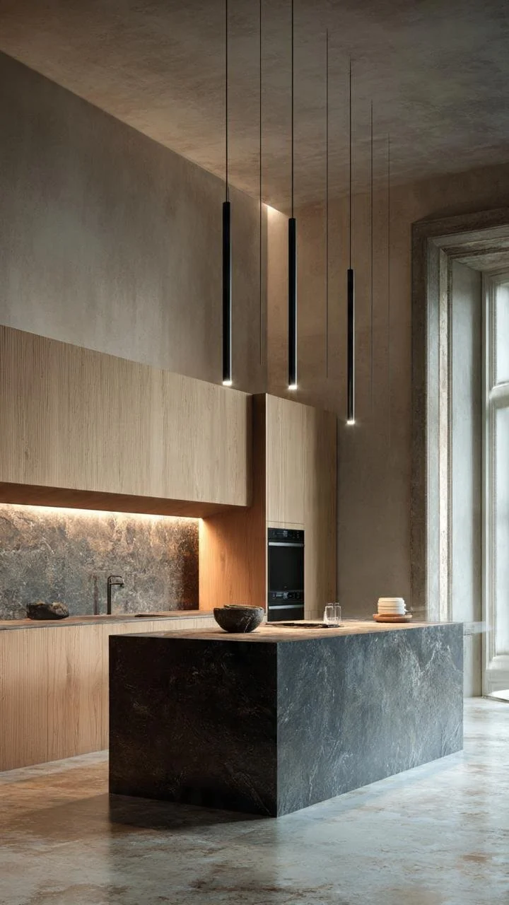 Architectural Dark Stone and Natural Wood Open Kitchens