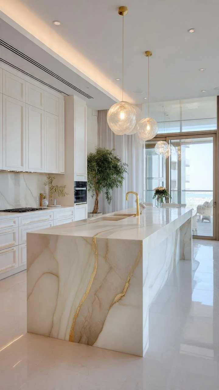 Architectural Calacatta Marble and Warm Oak Kitchen Design