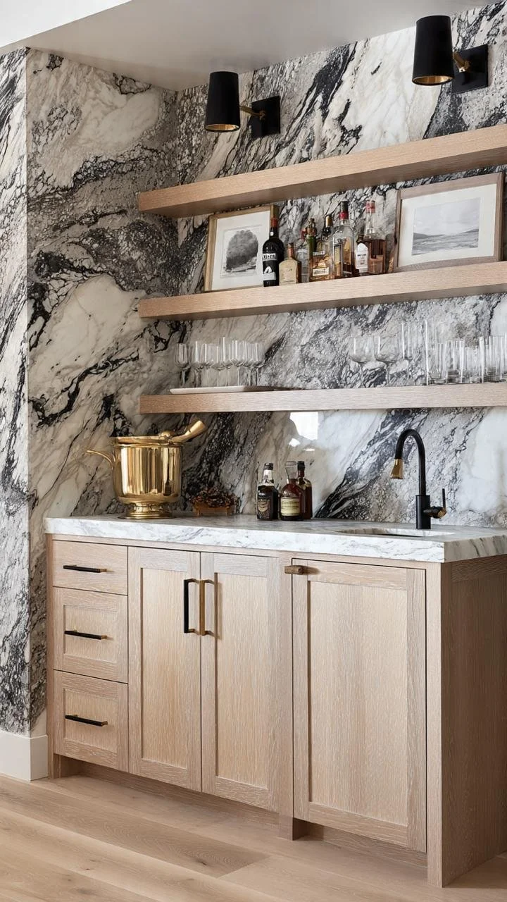 Luxury Kitchen and Home Bar Inspo: Calacatta Marble &amp; Light Oak