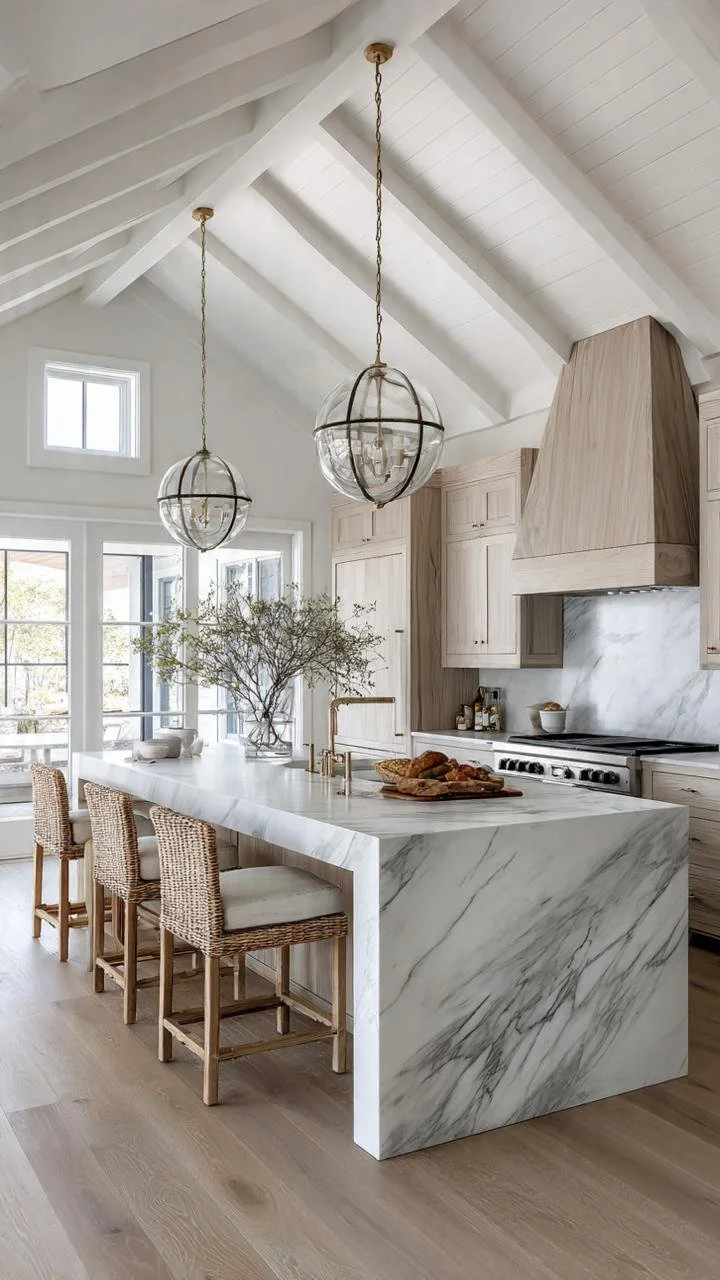 Luxury Coastal Kitchen Design: Vaulted Ceilings &amp; Marble Cascades 