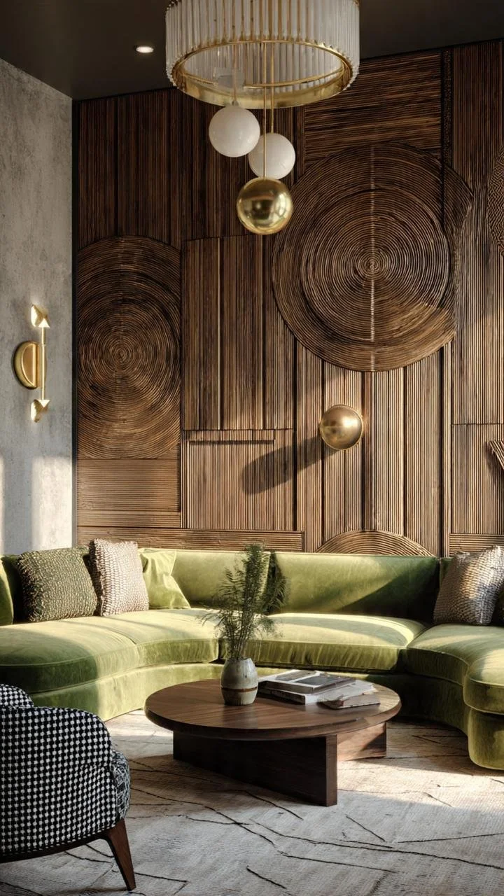 Geometric Wood Paneling Interior | Mid-Century Modern Seating Corner