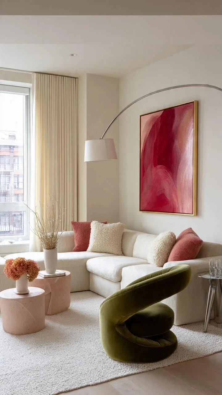 5 Warm Minimalist Living Rooms Combining Moss Green Velvet and Saturated Crimson Art
