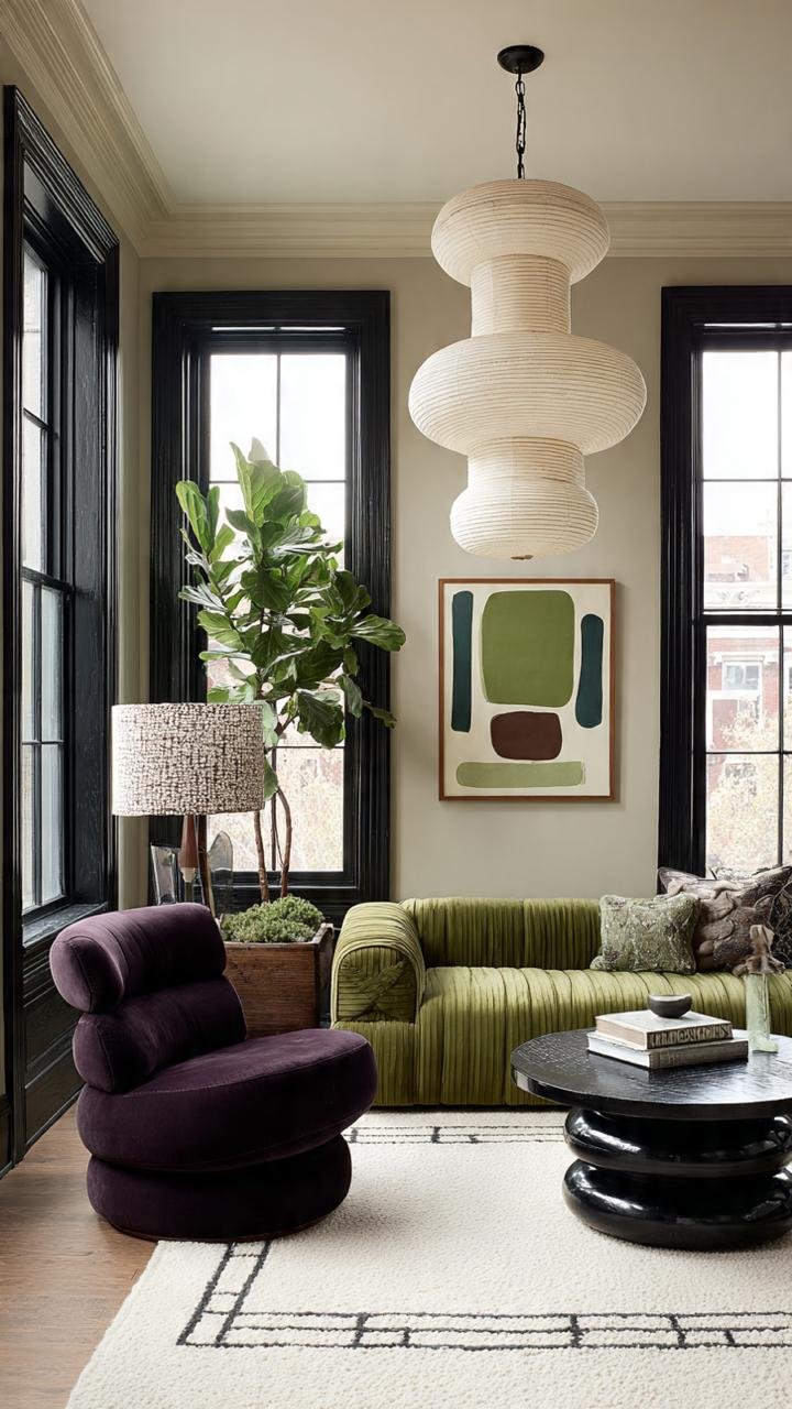 5 Mid-Century Modern Salons Where Olive Velvet Meets Structured Mahogany Walls