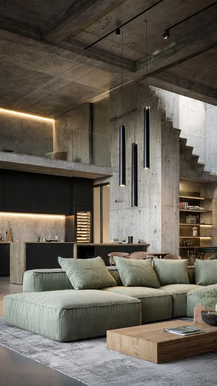 Dark Minimalist Loft Interior with Sculptural Lighting