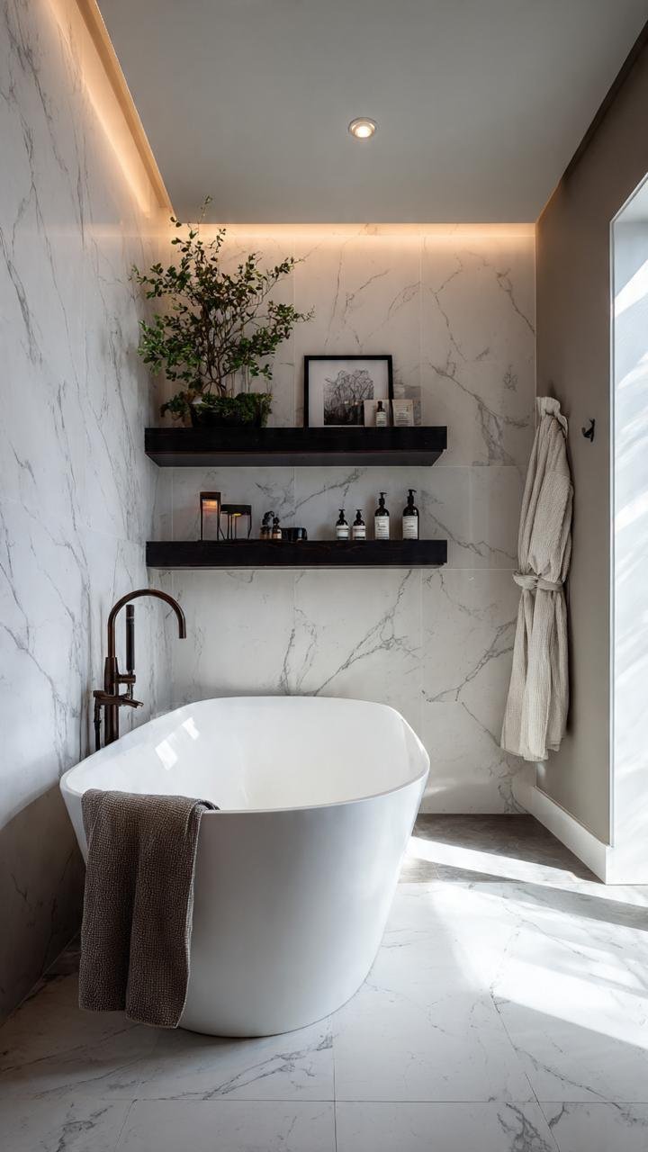 Carrara Marble and Wood Bathrooms: The Perfect Balance of Classic Luxury and Nordic Warmth 