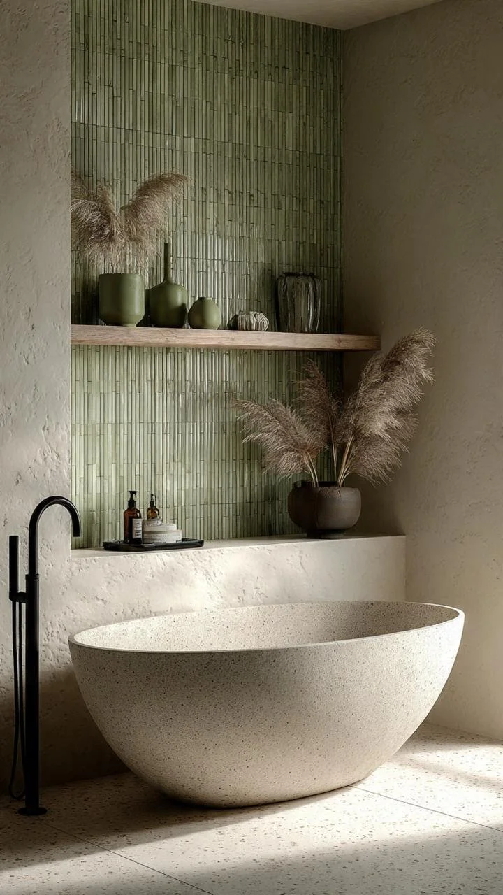 Olive Green Wabi-Sabi Bathrooms: The Organic Sanctuary Connecting with Nature stone