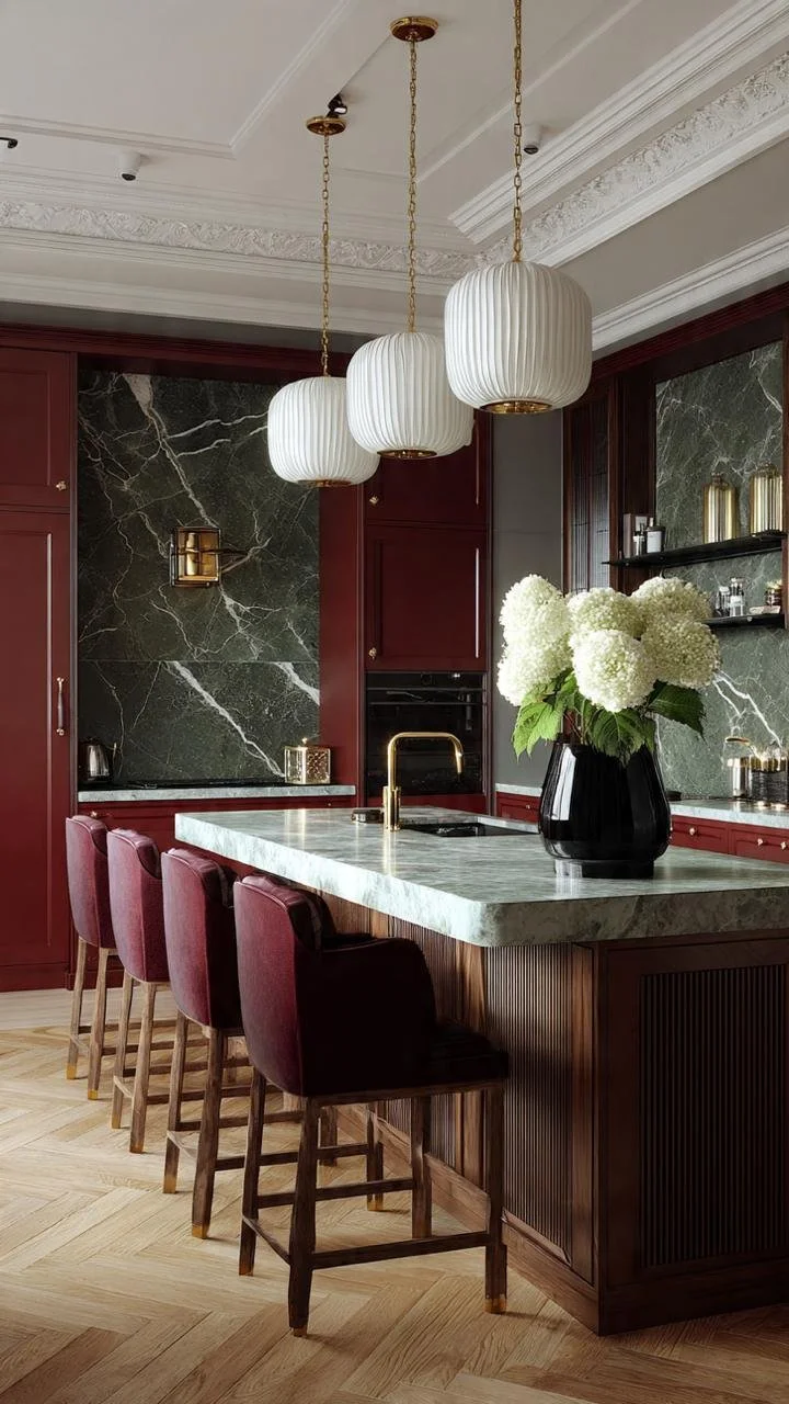 Burgundy and Green Marble Kitchens: The Ultimate Expression of Dramatic and Sophisticated Luxury 