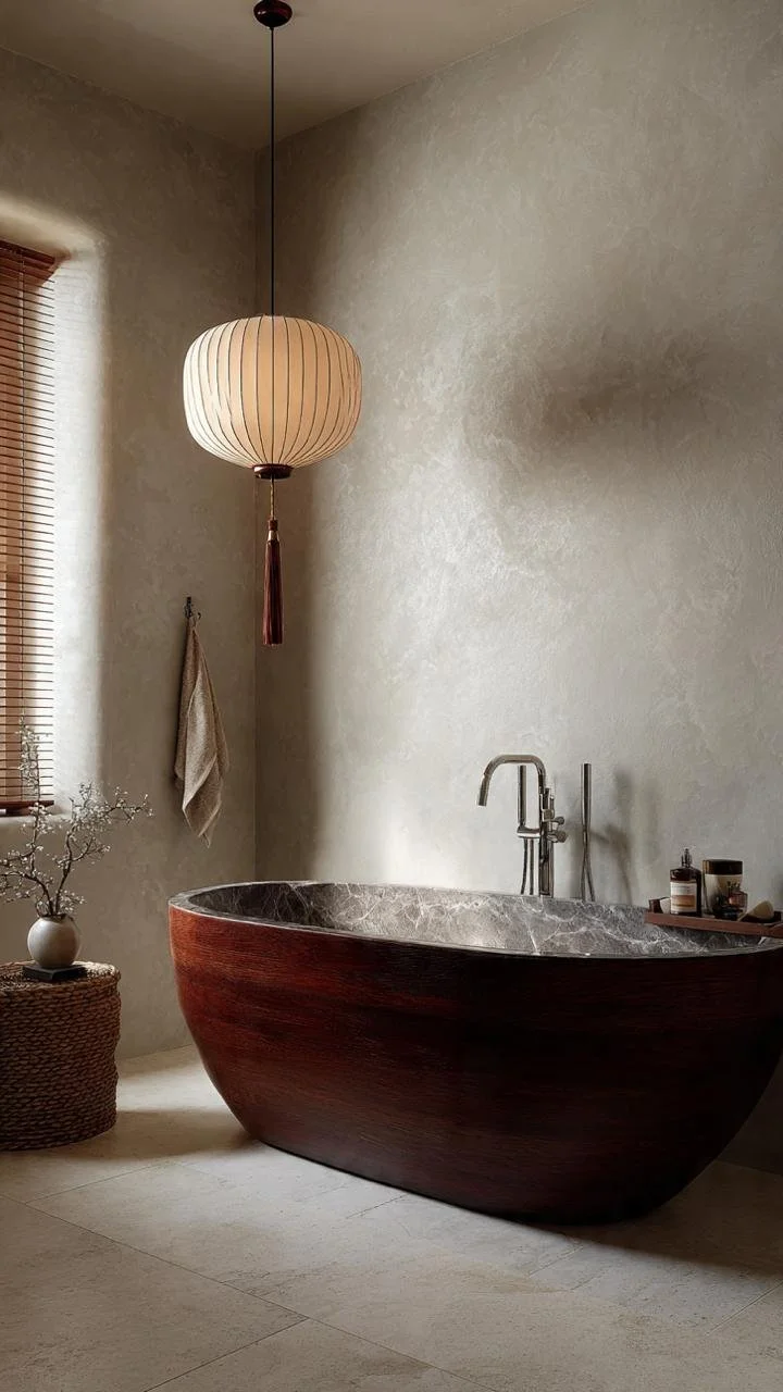 Wabi-Sabi Bathrooms with Wooden Tubs: The Oriental Sanctuary of Calm Replacing Traditional Luxury