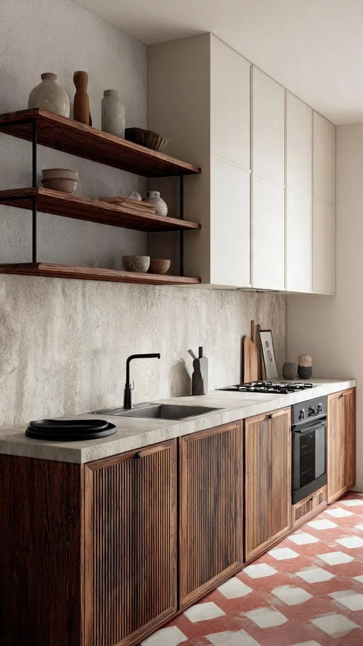 Warm Mediterranean Japandi Kitchen with Terracotta Checkerboard Flooring