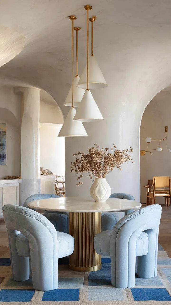 Soft Blue Mediterranean Dining Room with Sculptural Minimalism
