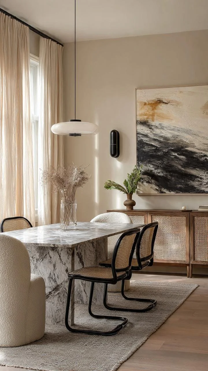 Warm Japandi Dining Room with Sculptural Lighting and Marble Elegance