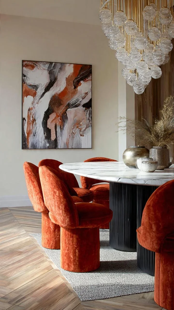 Luxury Contemporary Dining Room with Sculptural Crystal Chandeliers and Burnt Orange Velvet Chairs