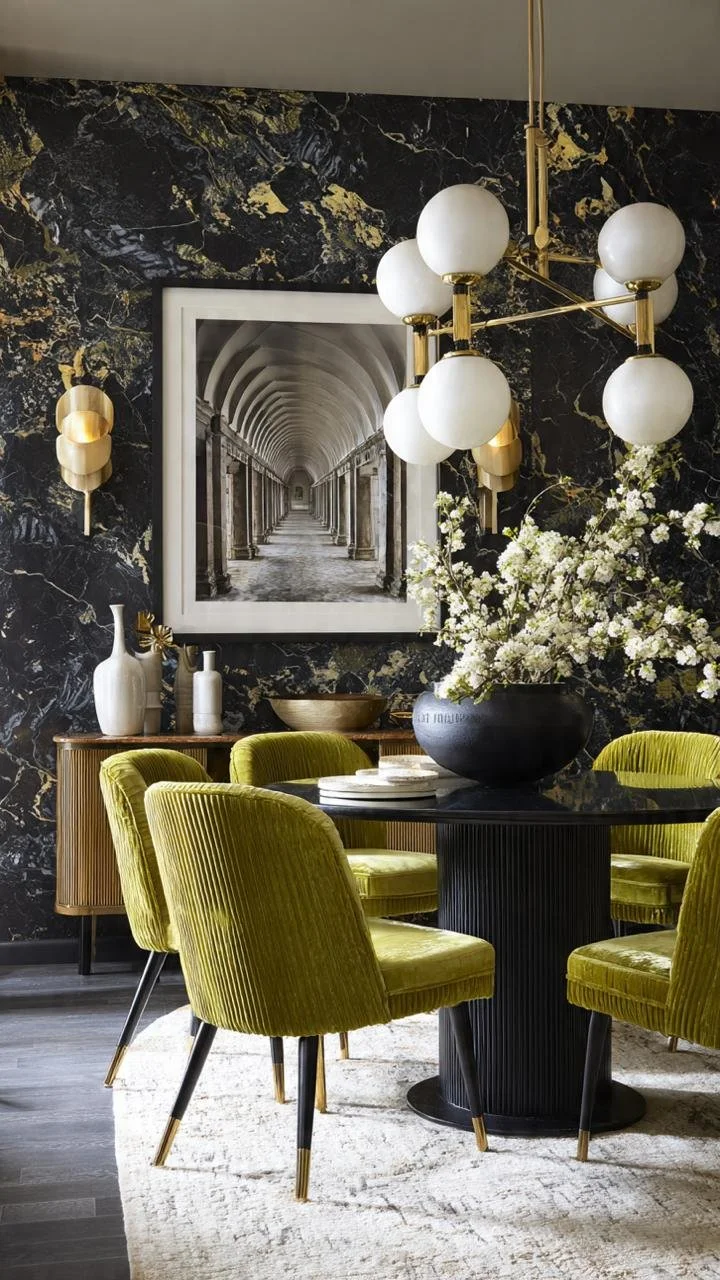 6 Dramatic Dining Rooms Where Olive Velvet and Black Marble Create Cinematic Luxury