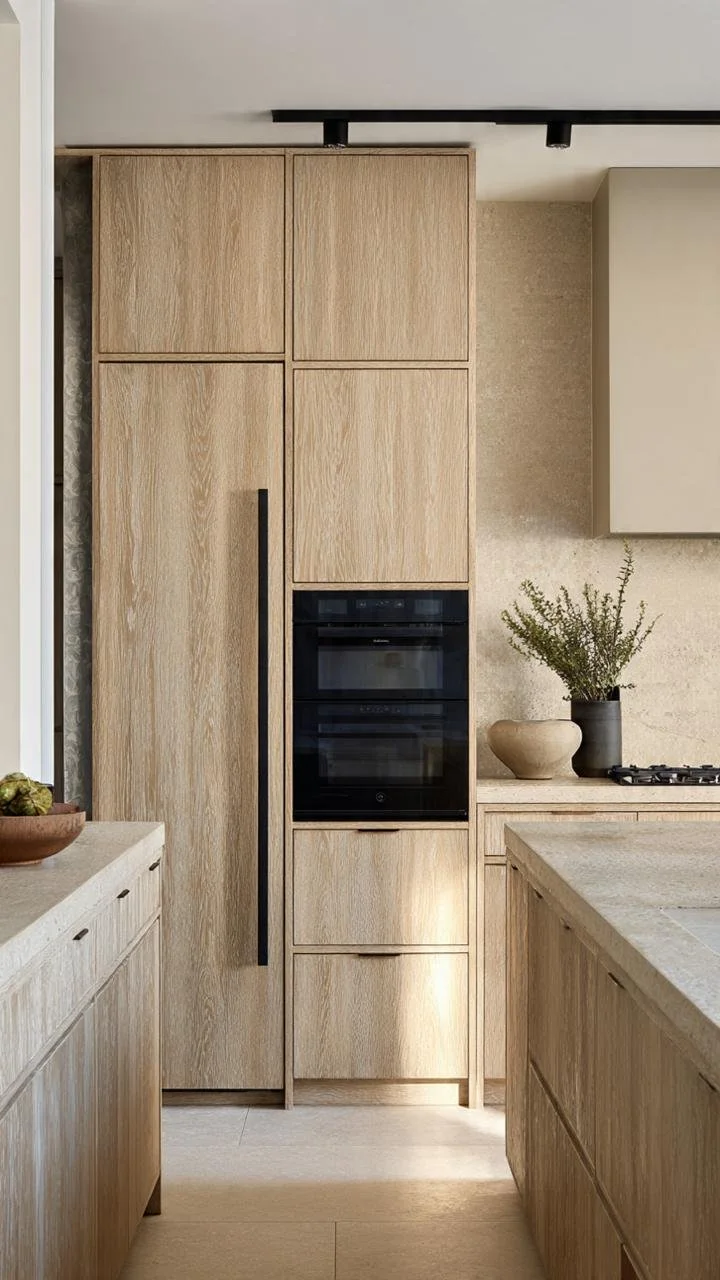 Japandi Warmth – Modern Oak and Olive Kitchen Design
