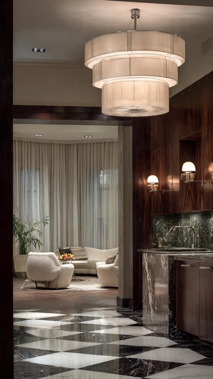 15 Mid-Century Opulence – Green Marble and Walnut Kitchen Mastery