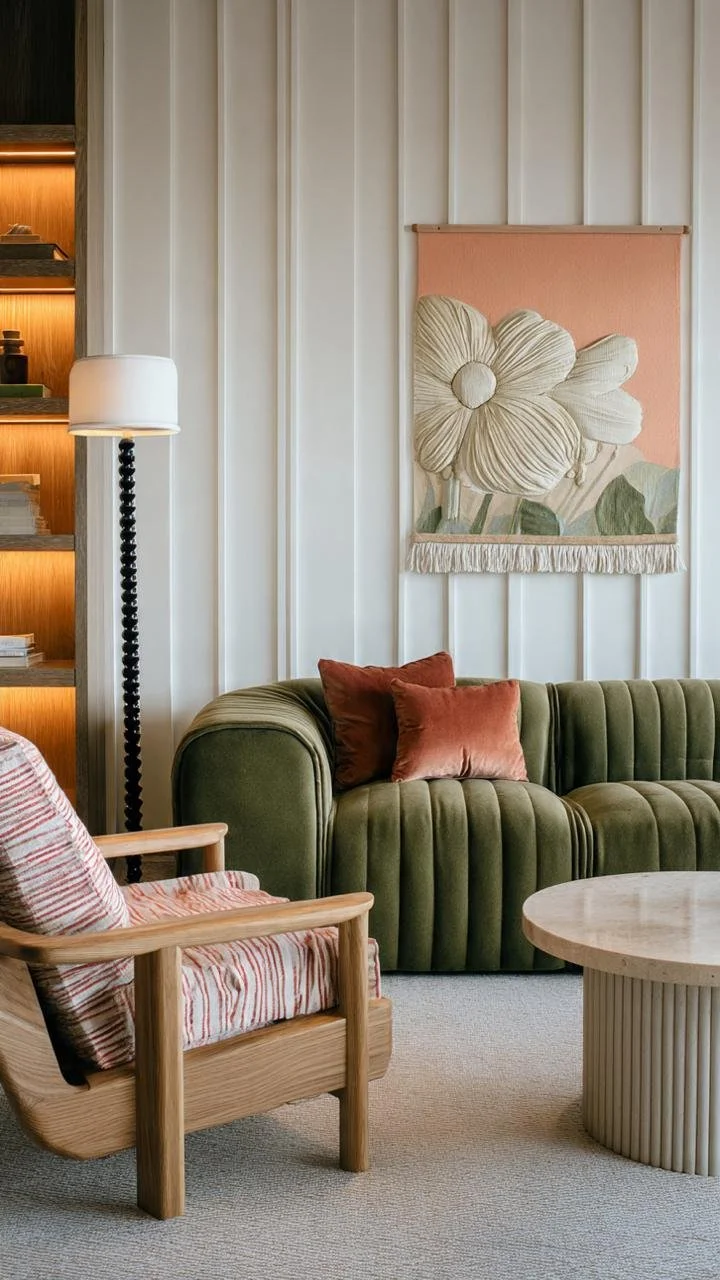 Retro Earthy Modernism – Olive Green Velvet and Terracotta Living Room Inspiration