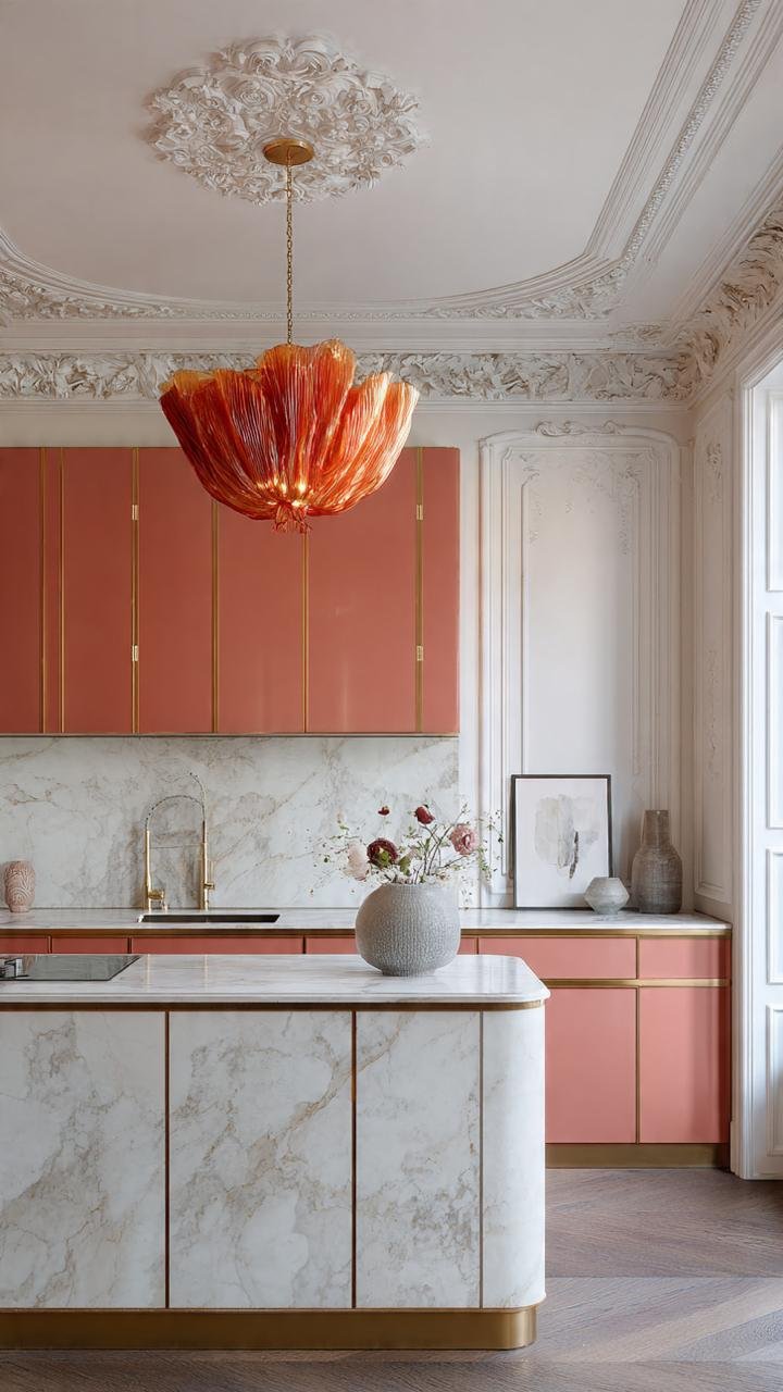 Haussmannian Elegance – Luxury Rose, Marble, and Aged Brass Kitchen Design