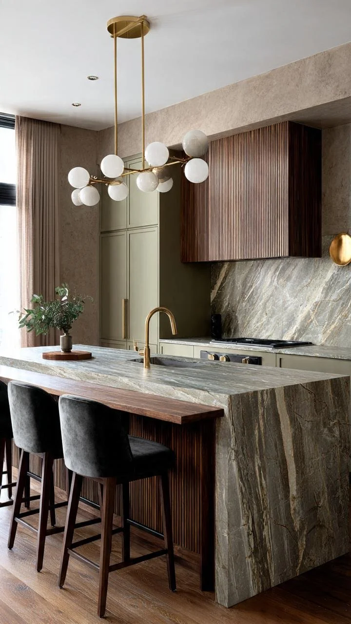  10 Organic Brutalism – Luxury Sage Green, Calacatta Verde Marble, and Fluted Walnut Kitchen