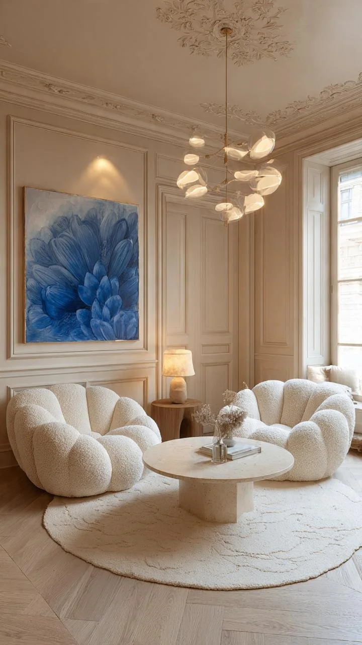 Celestial Elegance – Luxury Cream Bouclé, Soft SKY Blue, and Neo-Classical Living Room