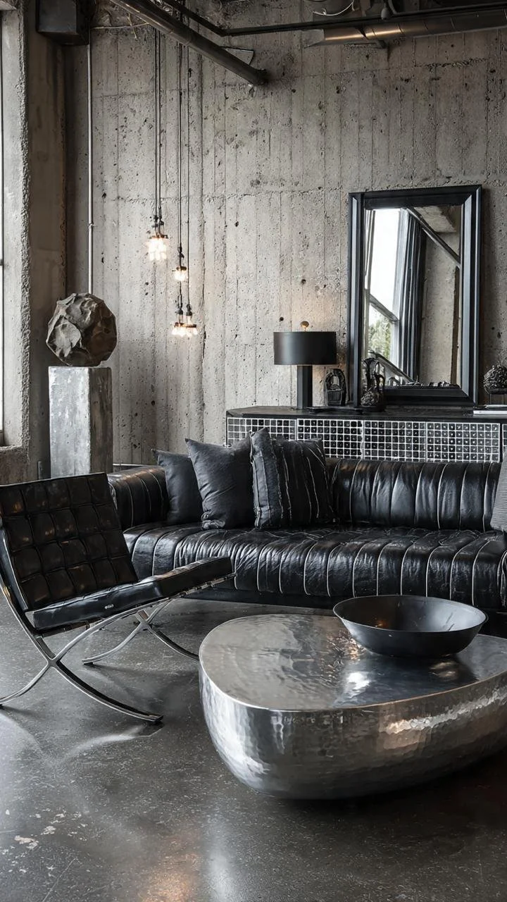 Industrial Brutalism – Luxury Black Leather, Polished Concrete, and Metallic Living Room