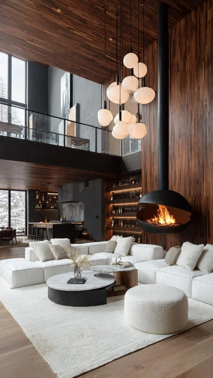 High-Ceiling Luxury Loft – Warm Minimalist Wood, Concrete, and Fireplace Living Spaces