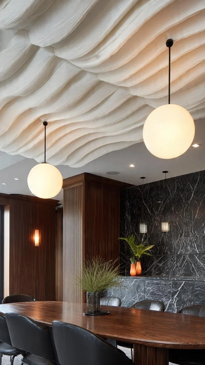  Avant-Garde Opulence – Luxury Burgundy Velvet, Dark Marble, and Sculptural Ceiling Dining Spaces