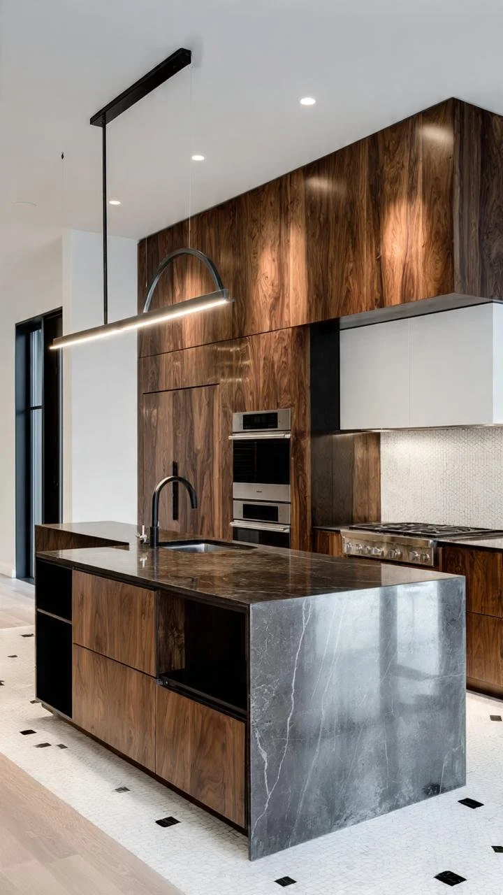 Design Guide: How to Seamlessly Blend Vertical Grain Walnut and Graphic Patterns in High-End Kitchens