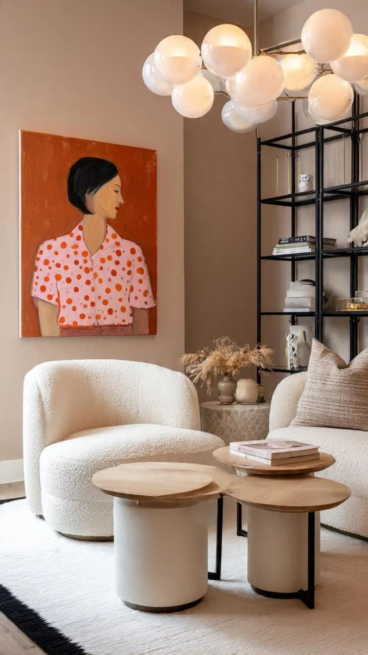 The Contemporary Art Gallery: How to Blend Neoclassical Moldings, Bouclé, and Bold Portrait Art