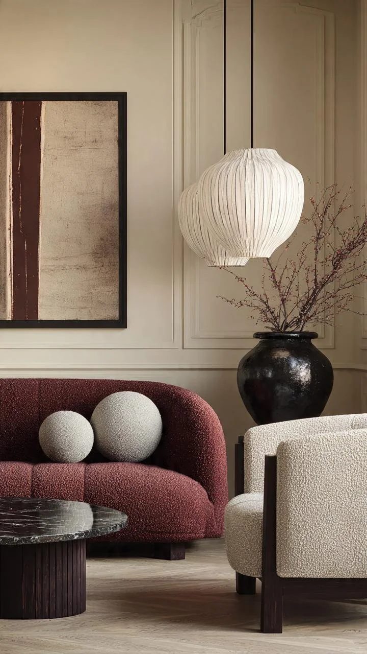 Japandi Elegance: Burgundy Curves and Soft Minimalist Living Rooms