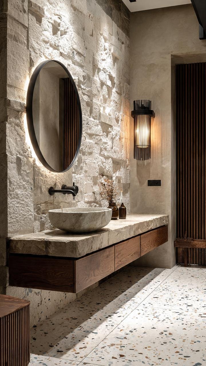Stone and Warm Light: Organic Bathrooms Inspired by Natural Architecture