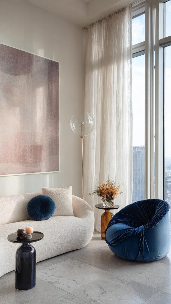 Blue Velvet &amp; Artistic Modernism: Elegant Living Rooms with Bold Character