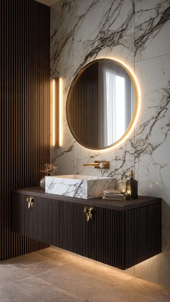 Marble &amp; Walnut Harmony: Luxury Bathroom Interiors with Sculptural Elegance