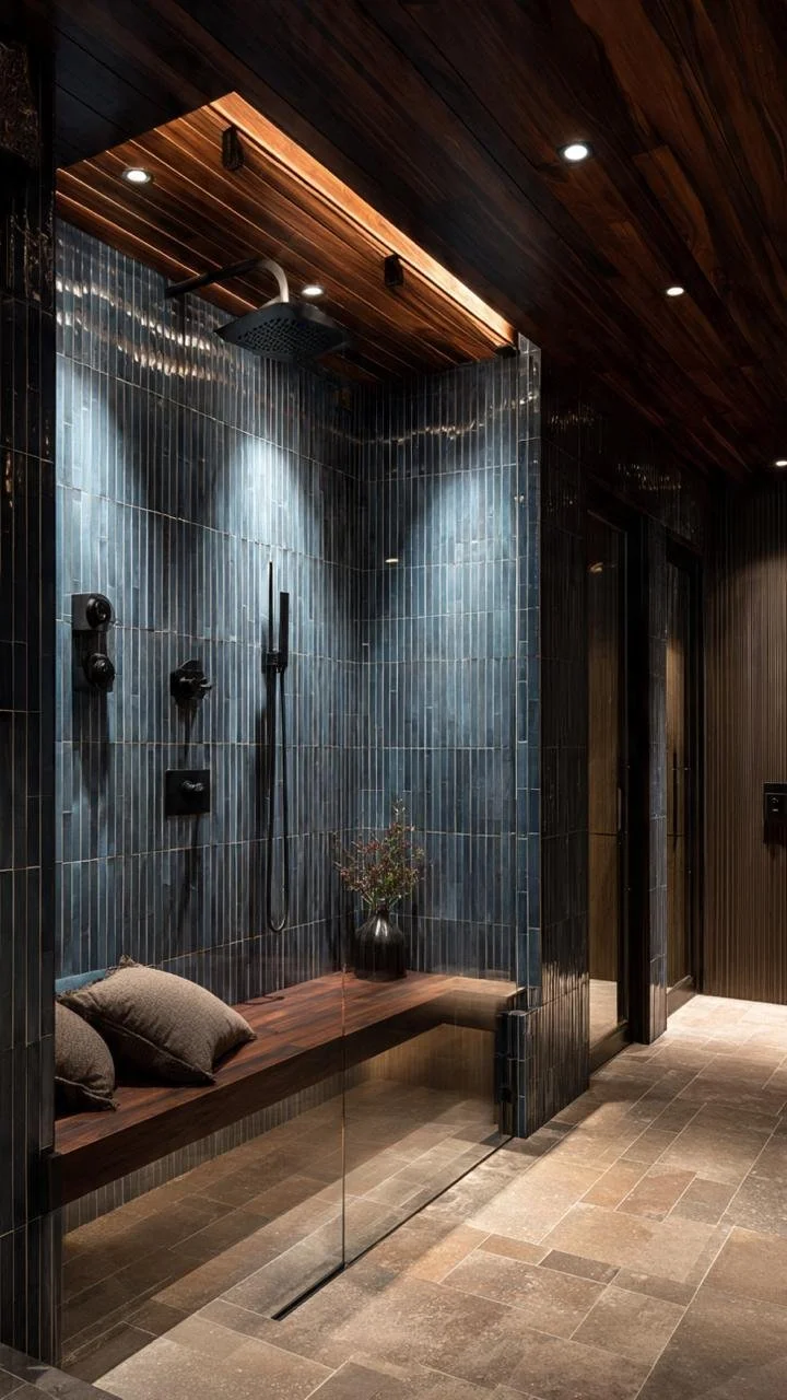 Moody Blue Spa Bathroom: The Art of Luxury Through Texture, Stone and Warm Wood