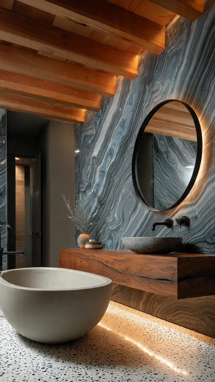 Blue Marble Serenity: A Luxury Spa Bathroom Sculpted in Stone and Warm Timber