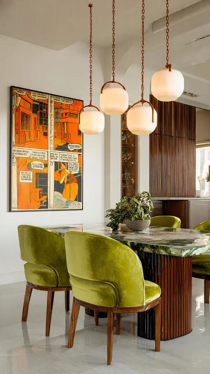 Contemporary Luxury Dining Space with Sculptural Lighting and Natural Elegance