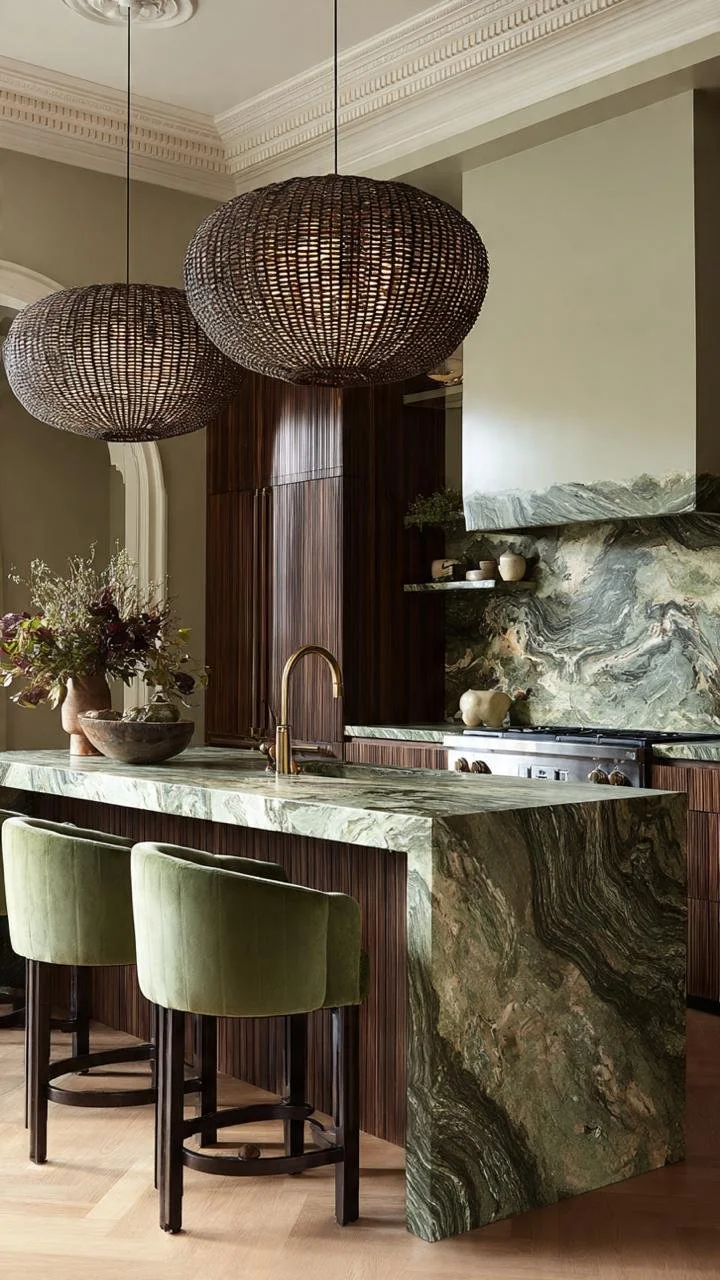 Luxury Contemporary Kitchen Island with Dramatic Natural Stone and Organic Textures