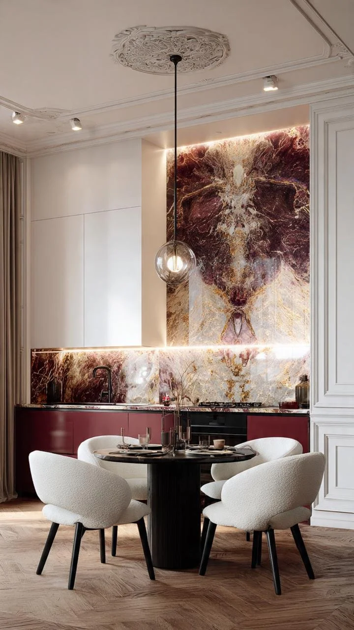 Refined Recoleta Dining Room with Sculptural Marble Accents and Parisian Elegance