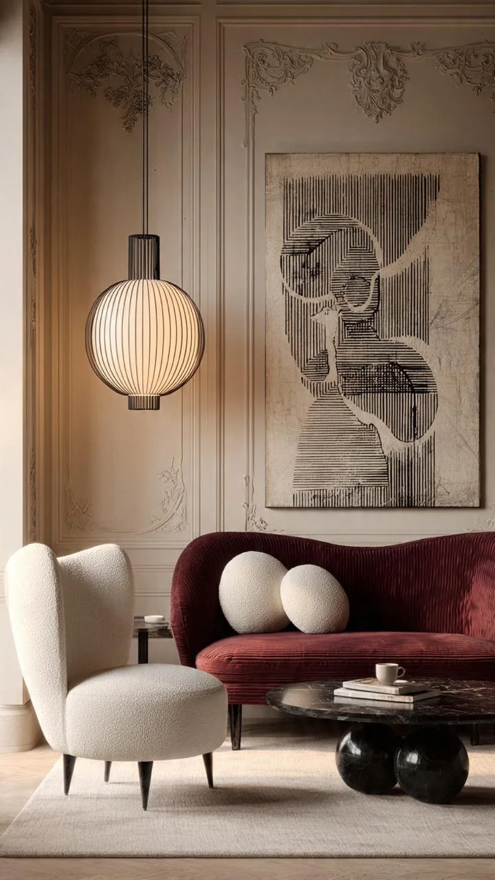 Burgundy Elegance: Luxury Living Room Ideas with Curved Sofas, Classic Molding &amp; Modern Art