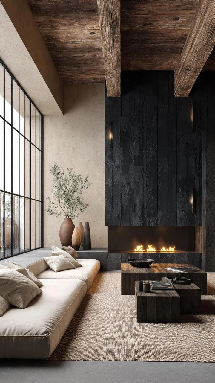 Wabi-Sabi Sanctuary – Ultra-Luxury Double-Height Living Room with Masterpiece Fireplace