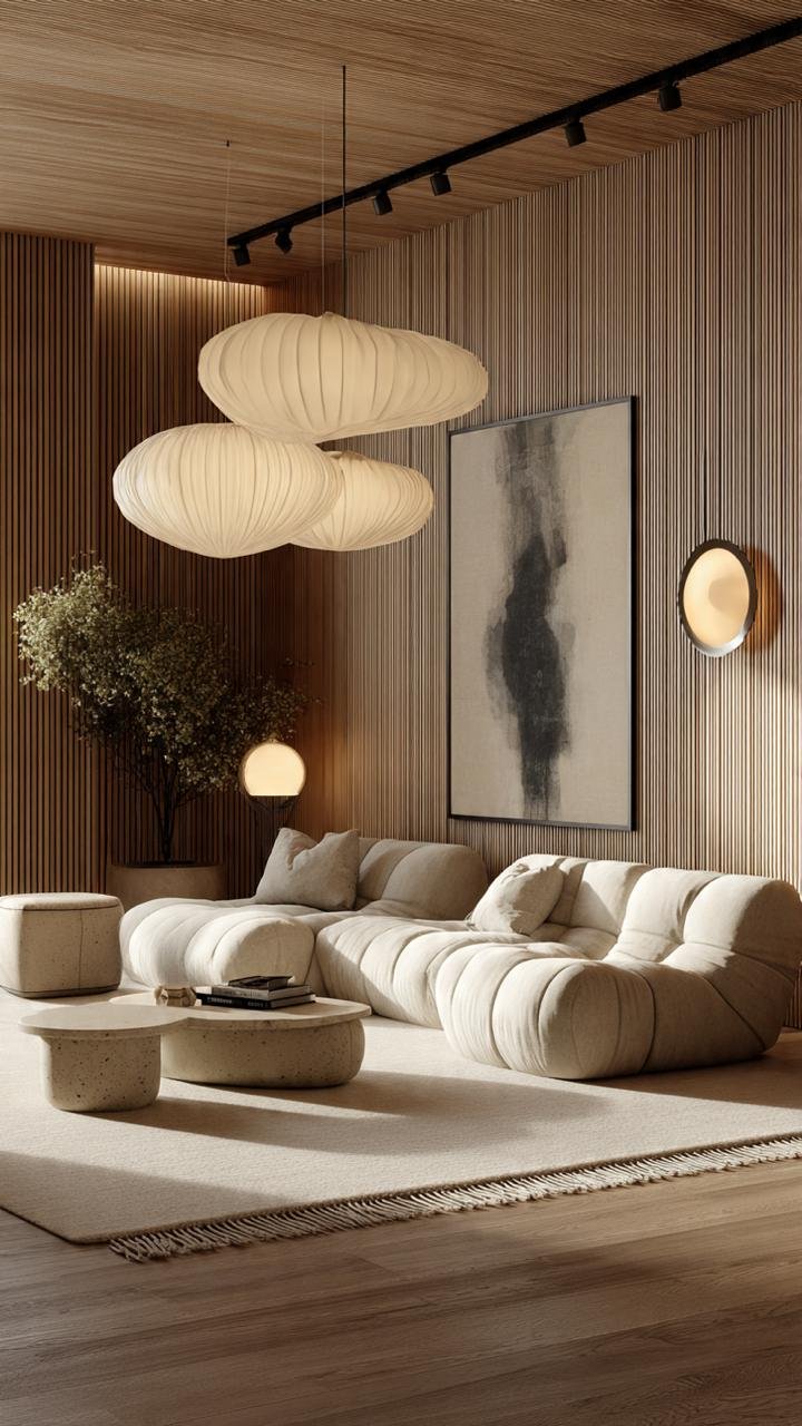 Japandi Elegance – Ultra-Luxury Living Room with Sculptural Cloud Lighting