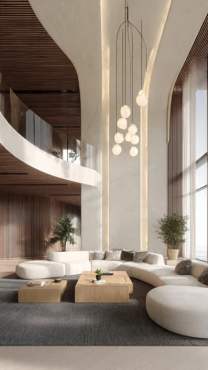 Japandi Sanctuary – Ultra-Luxury Double-Height Living Room with Sculptural Globe Artistry