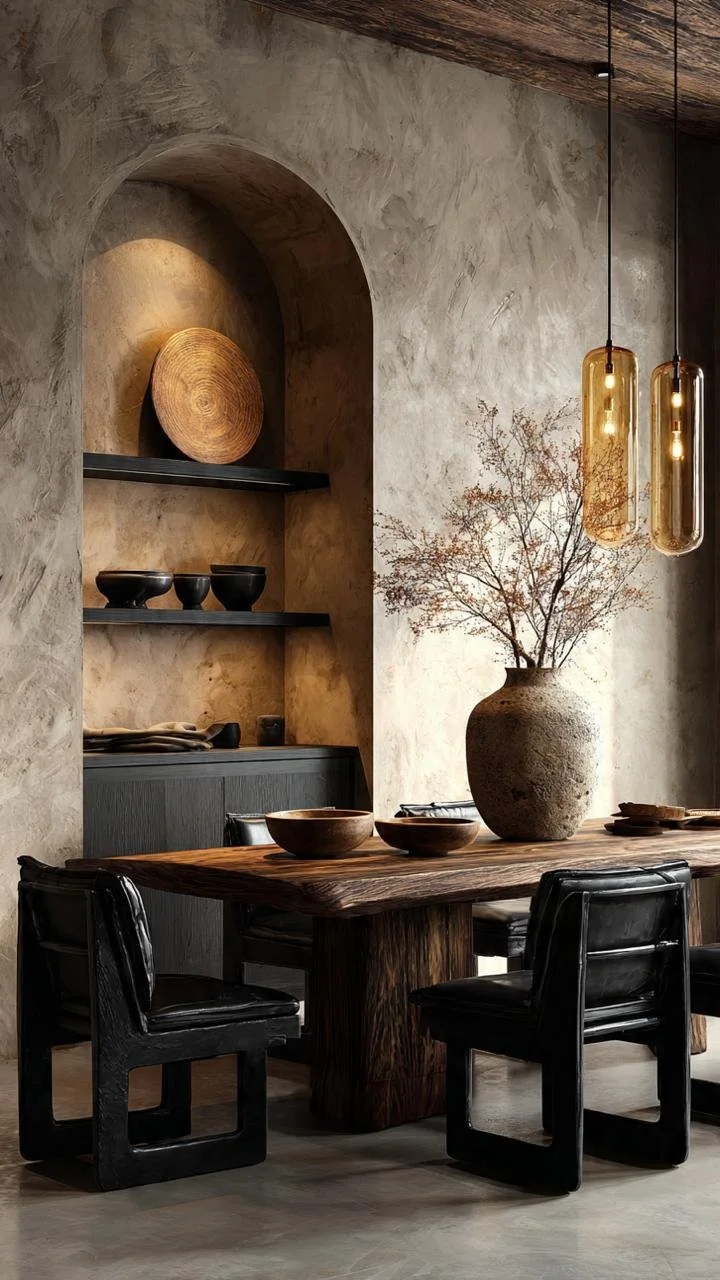 Wabi-Sabi Organic Luxury: Cavernous Dining Sanctuaries of Stone, Scorched Wood, and Sculptural Warm