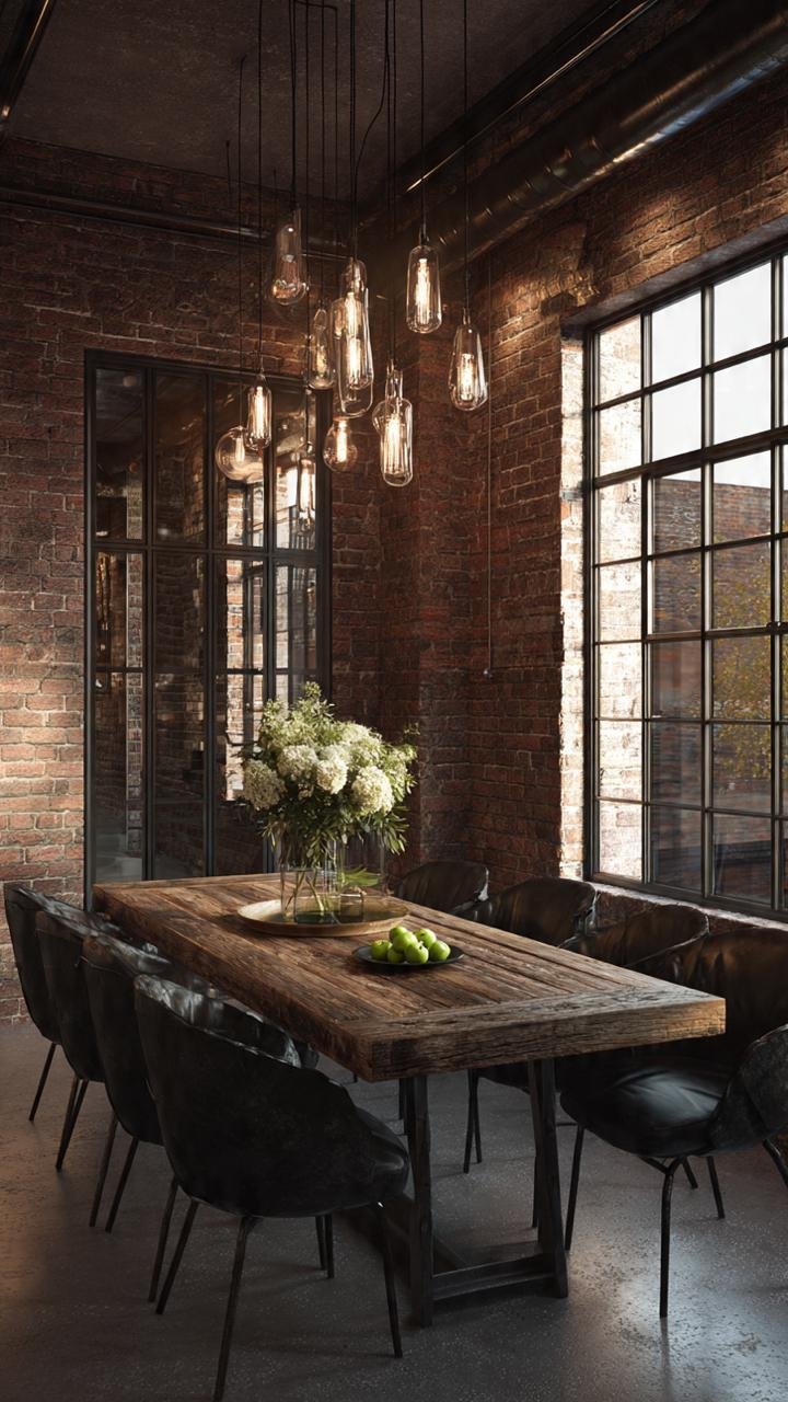 New York Industrial Luxury: Loft Dining Areas with Exposed Brick, Live-Edge Timber, and Light Cascades