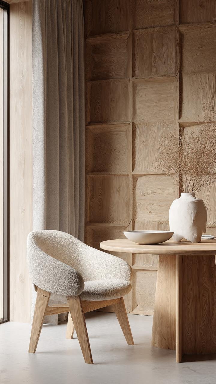 Organic Colonial Luxury: Minimalist Dining Corners with Textured Block-Stone and Wood Paneling