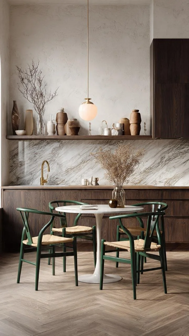 Modern Organic Luxury: Integrated Culinary Dining Rooms with Exotic Marble, Rich Hardwoods, and Terracotta Accents