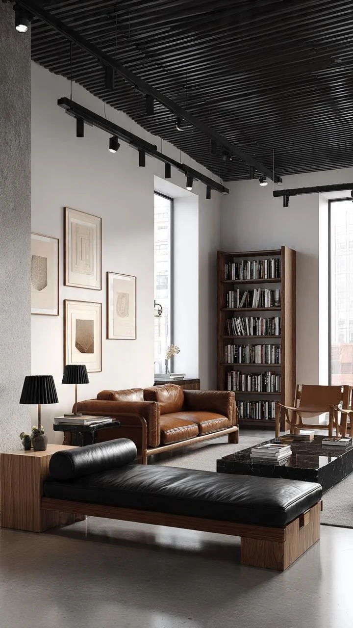 New York Industrial Minimalism: Loft Living Rooms with Concrete Ceilings, Leather, and Sculptural Daybeds