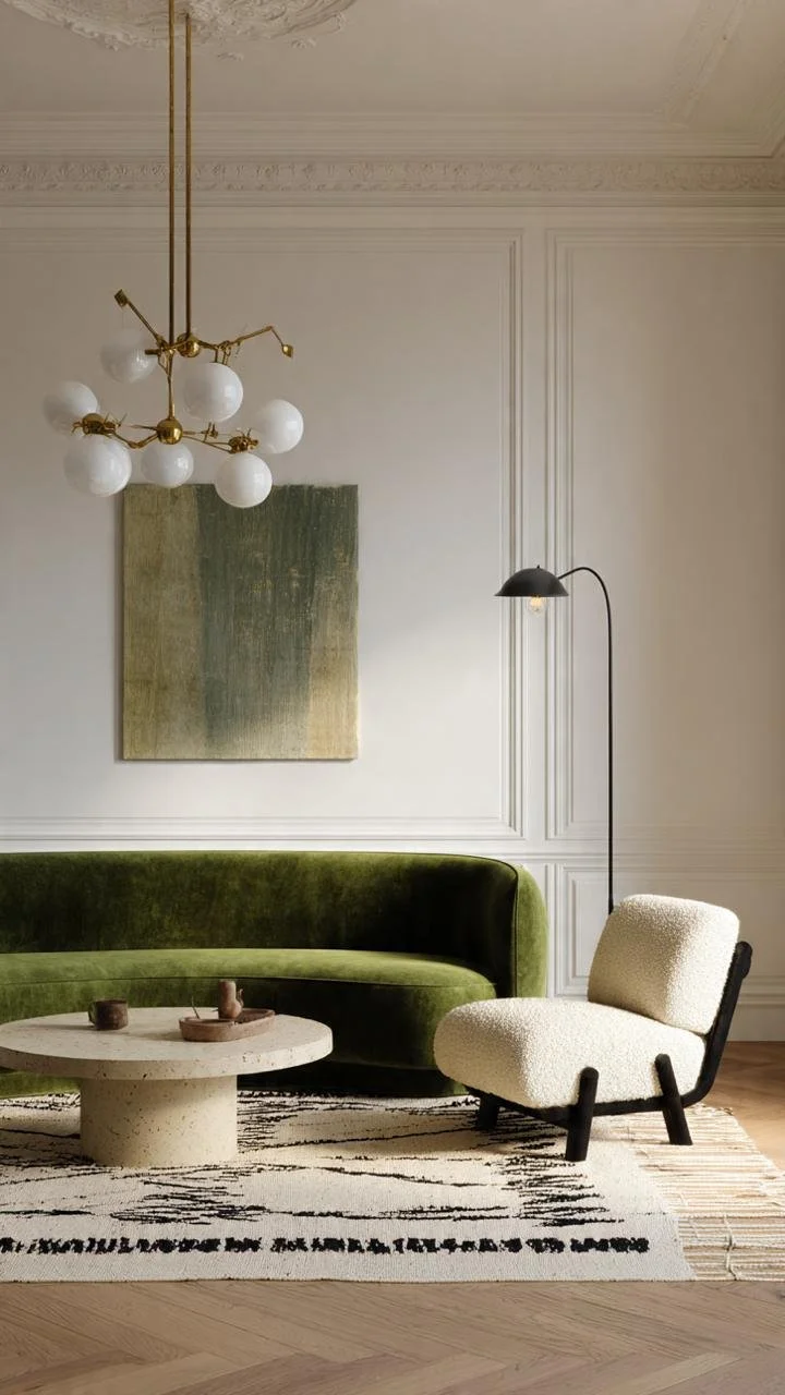  Contemporary Neo-Classical Elegance: Parisian Salons with Moldings, Curved Velvet, and Brushed Brass Accents