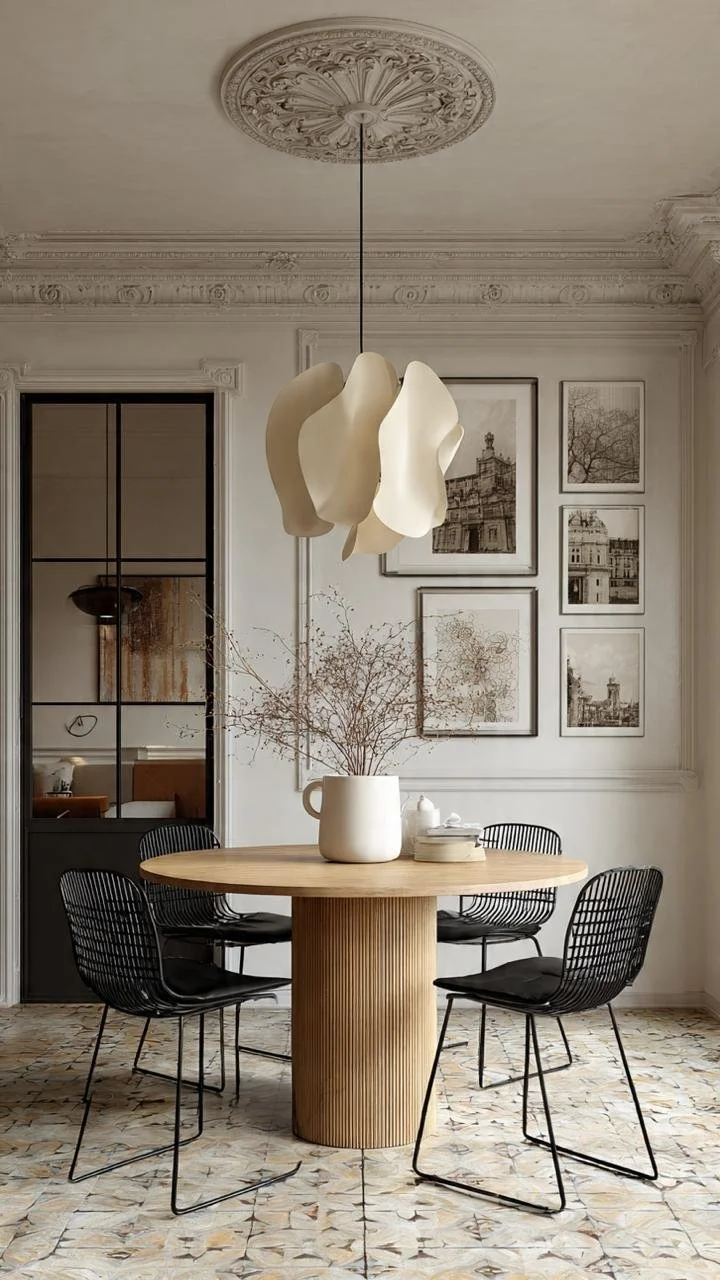  French Neo-Classical Minimalism: Heritage Dining Areas with Round Pedestal Tables and Sculptural Paper Pendants