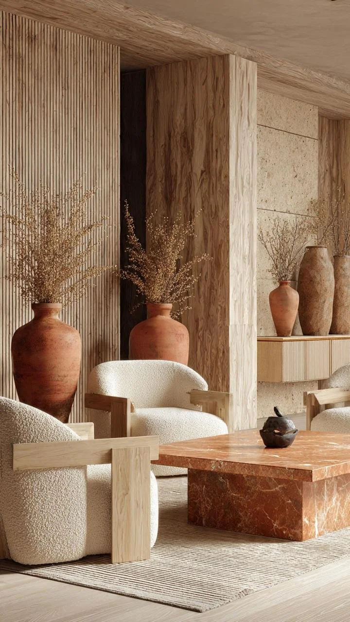 Organic Japandi Luxury: Sanctuary Living Rooms with Ash Wood, Monolithic Stone Tables, and Monumental Ceramics