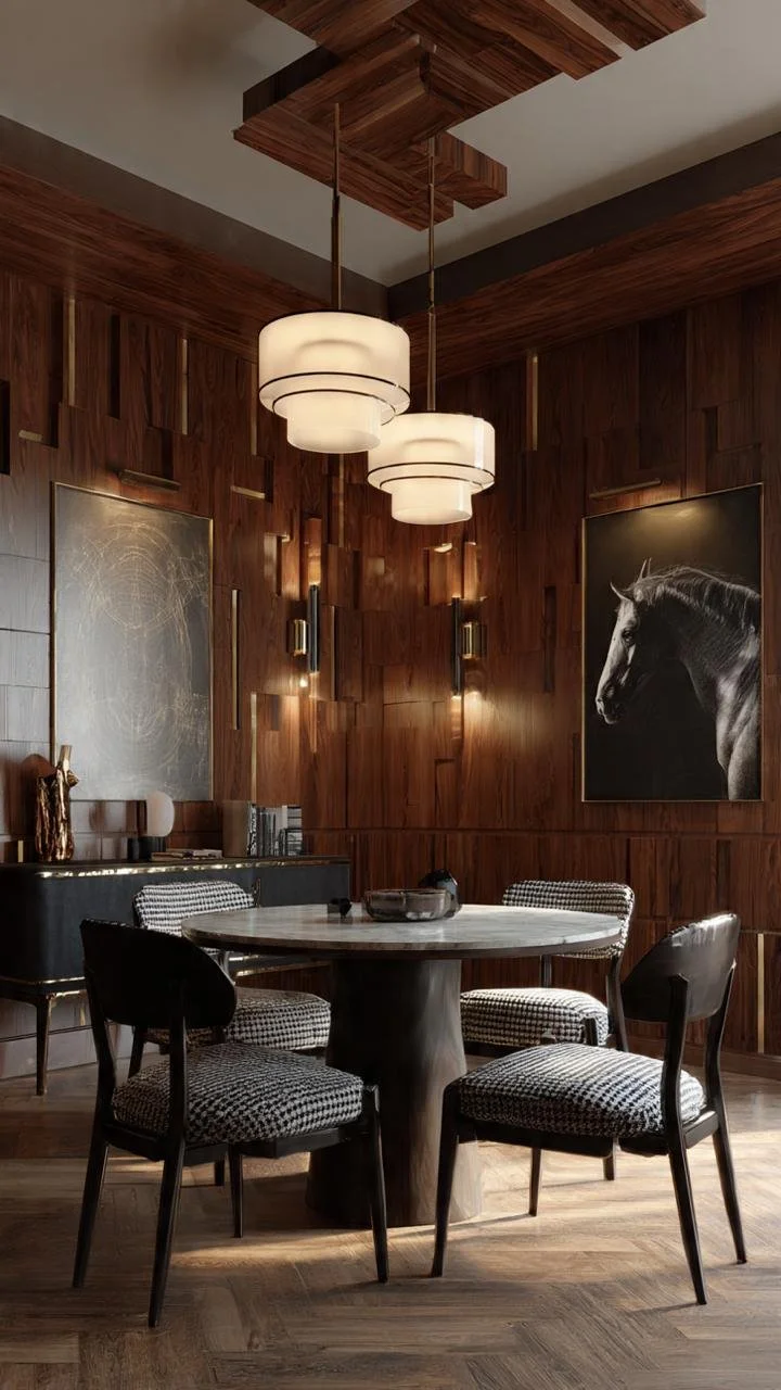 Masculine Modern Neo-Classical Style: Luxury Dining Areas with Walnut Wood, Marble, and Haute Couture Motifs